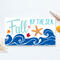 This whimsical autumn-themed coastal sign with bright blue waves, fall leaves, and an orange resin starfish for your coastal fall decor.
